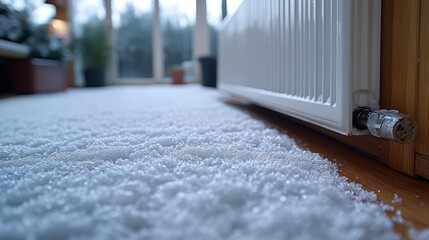 Warm interior with heater and light-colored rug on wood floor near window