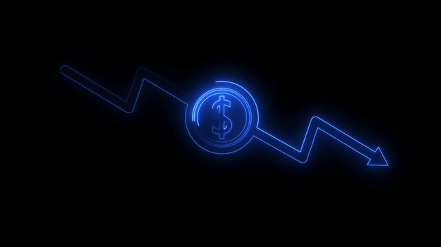 glowing neon dollar sign icon and down arrow .arrow icon Money, profit, investment, business, economy.4k video animation .