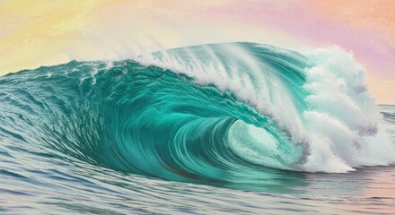 Illustration Of A Dramatic Wave With Turquoise Water and Splashing Foam