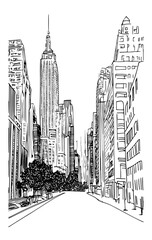 Vector artistic sketchy pen and ink drawing illustration of generic city high rise cityscape landscape with skyscraper buildings.
