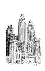 Vector artistic sketchy pen and ink drawing illustration of generic city high rise cityscape landscape with skyscraper buildings.
