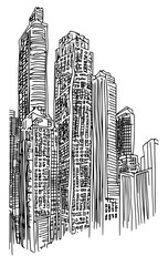 Vector artistic sketchy pen and ink drawing illustration of generic city high rise cityscape landscape with skyscraper buildings.
