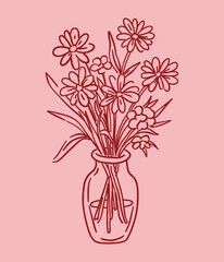 Hand drawn vector set in linear style , sketch, doodle on pink background flowers in vase