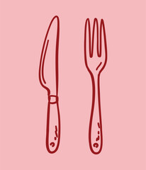 Hand-drawn vector drawing in linear style, sketch. Knife and fork on pink background