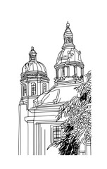 Vector artistic sketchy pen and ink drawing illustration of generic city high rise cityscape landscape with skyscraper buildings.
