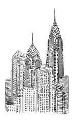 Vector artistic sketchy pen and ink drawing illustration of generic city high rise cityscape landscape with skyscraper buildings.
