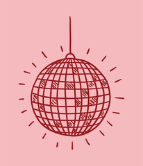 Hand-drawn vector drawing in linear style, sketch. Disco ball on pink background