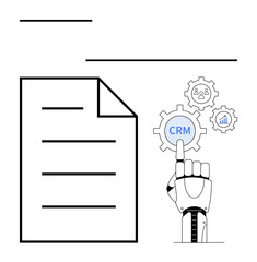 Robotic hand pointing at CRM gear alongside icons for collaboration and analytics near a document. Ideal for automation, customer management, AI, data analytics, digitization, innovation. Flat simple