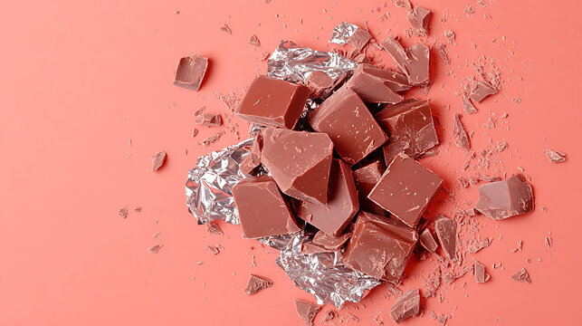 Irresistible chunks of rich, milk chocolate create a delightful dessert. Placed atop silver foil, they offer a tempting visual treat against a coral background.