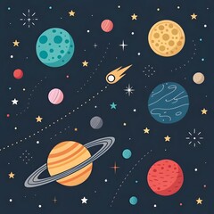 "Colorful cartoon space background with planets, stars, and comets on a dark blue sky."