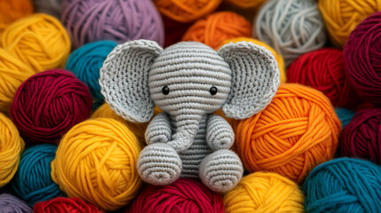 Handcrafted Delight: A crocheted gray elephant surrounded by colorful yarn balls, showcasing the charm of homemade crafts and the joy of creative hobbies.