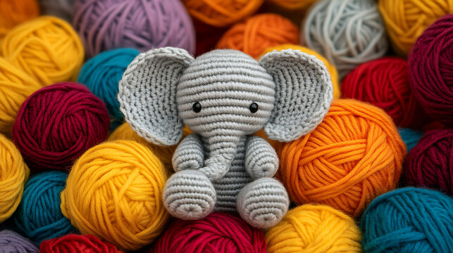 Handcrafted Delight: A crocheted gray elephant surrounded by colorful yarn balls, showcasing the charm of homemade crafts and the joy of creative hobbies. - Powered by Adobe