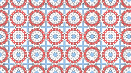 Repeating pattern of blue stars in red circles with light blue cross shapes on white