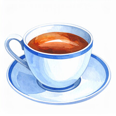 Watercolor painting of black tea in ceramic cup isolated on white. Tasty drink. Hot beverage.