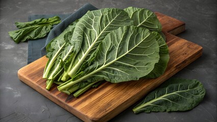 Fresh Collard Greens on Wooden Board