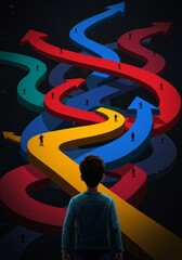 Illustration of a Man Viewing Multiple Colorful Arrows with Dark Background