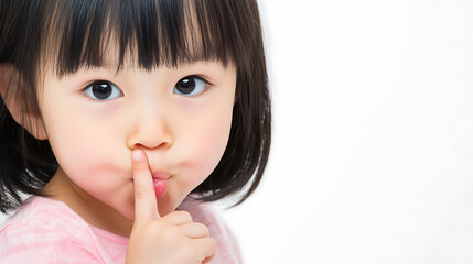 A young child with a finger held to their lips, conveying a message of silence or secrecy. The child's expression is serious and focused, creating a sense of intrigue.