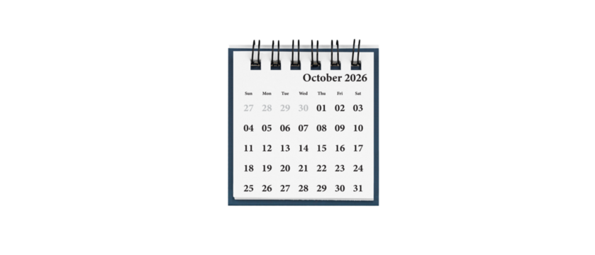 Desktop calendar for October 2026 in white colour. Mini planner for business and finance, spiral view on isolated white background close up.