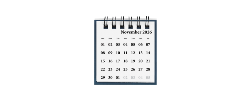 Desktop calendar for November 2026 in white colour. Mini planner for business and finance, spiral view on isolated white background close up. - Powered by Adobe