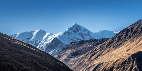 Panoramic view of the Gangapurna and Annapurna III summits in autumn. Annapurna circuit, Himalaya mountains, Nepal.