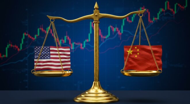 Illustration Of The Scales Of Justice With China And Usa Flags Balancing Trade Economy - Powered by Adobe
