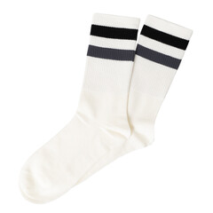 White cotton crew socks with black and gray stripes on a transparent or white background.
