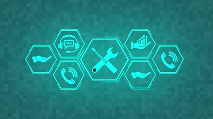 Technical support and customer service concept. Business professional holding tablet with icons representing customer support, troubleshooting service, quality assurance, and communication.