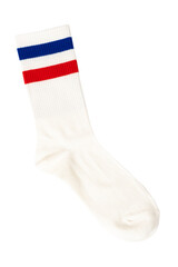 White athletic sock with red and blue stripes on transparent or white background.