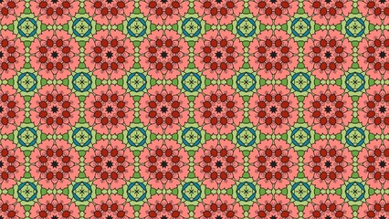 Repeating pattern of pink flowers with dark red centers and geometric shapes around them