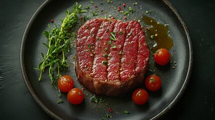 Steak served on a plate with fresh herbs, and tomatoes. Appetizing and flavorful