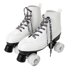 White roller skates with zebra-patterned laces on black wheels.