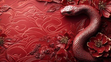 Obraz premium Red snake slithers through flowers, decorative carvings in the background