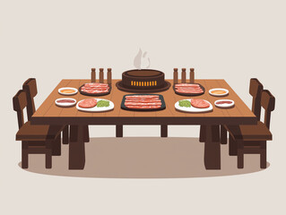 A vibrant cartoon illustration of a Korean BBQ dining table with raw meat, side dishes, and a grill
