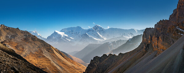 Panoramic view of the Annapurna III and Gangapurna from view point in the Thorong high camp. Annapurna circuit trekking, Himalaya mountains , Nepal.