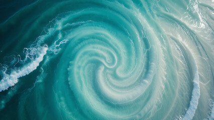 Top-down perspective of clear turquoise ocean with gentle currents creating mesmerizing swirls, sunlight filtering through to expose sandy seabed