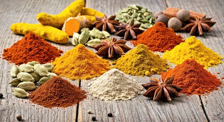 Fototapeta premium Beautifully Arranged Colorful Spices on Natural Wooden Surface