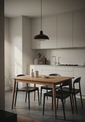 Minimalist Kitchen And Dining Interior With Wooden Table And Black Chairs Photo