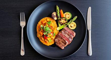 Exquisite Delicious Meal Served on Black Plate Top View