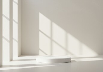 Minimalist White Podium with Geometric Shadows in Light Studio Background