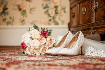 White Bridal Shoes and Roses on Ornate Rug