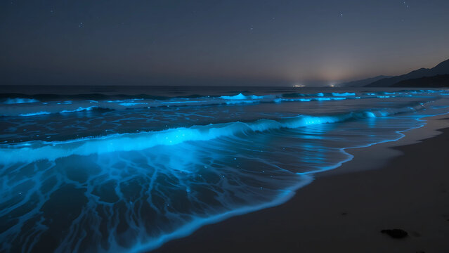 Long-exposure photograph of bioluminescent waves glowing neon blue under a starry sky, with the shoreline subtly outlined, emphasizing the ethereal light patterns