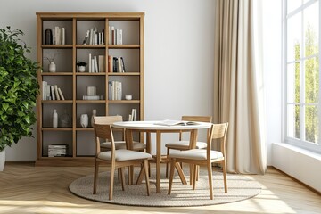 Light-filled room with wooden furniture and bookshelves