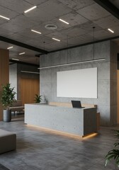 Modern Concrete Reception Area Interior With Plants and Blank Display