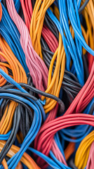 Entangled Cables: A vibrant chaos of colorful wires intertwining in a complex network, creating a visually striking yet intricate composition.