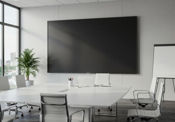 Modern Conference Room Interior with White Table Black Screen and City View Photo