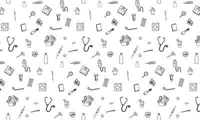 Seamless pattern of black outline medical equipment on white background. Ideal for healthcare, packaging, textiles, and digital use.