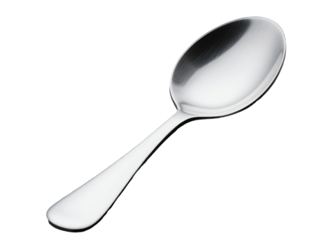 Isolated closeup of a clean reflective silver spoon angled on a stark black background showcasing its smooth surface