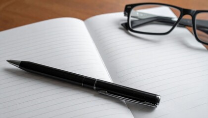 Fototapeta premium Open Notebook With Pen And Glasses On Wooden Desk
