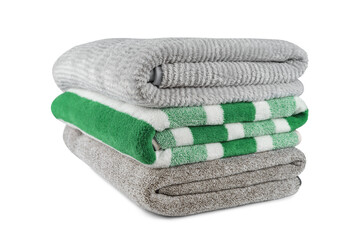 Soft fluffy striped grey and green bath towels folded in stack isolated on white, transparent...