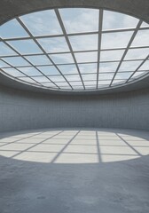 Obraz premium Modern Concrete Interior with Geometric Ceiling and Sky View Photo